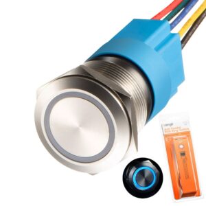 Langir 19mm Blue LED Latching 12V Waterproof Push Button Switches Anti-Vandal Flat Metal Stainless Steel Max. Current 3A