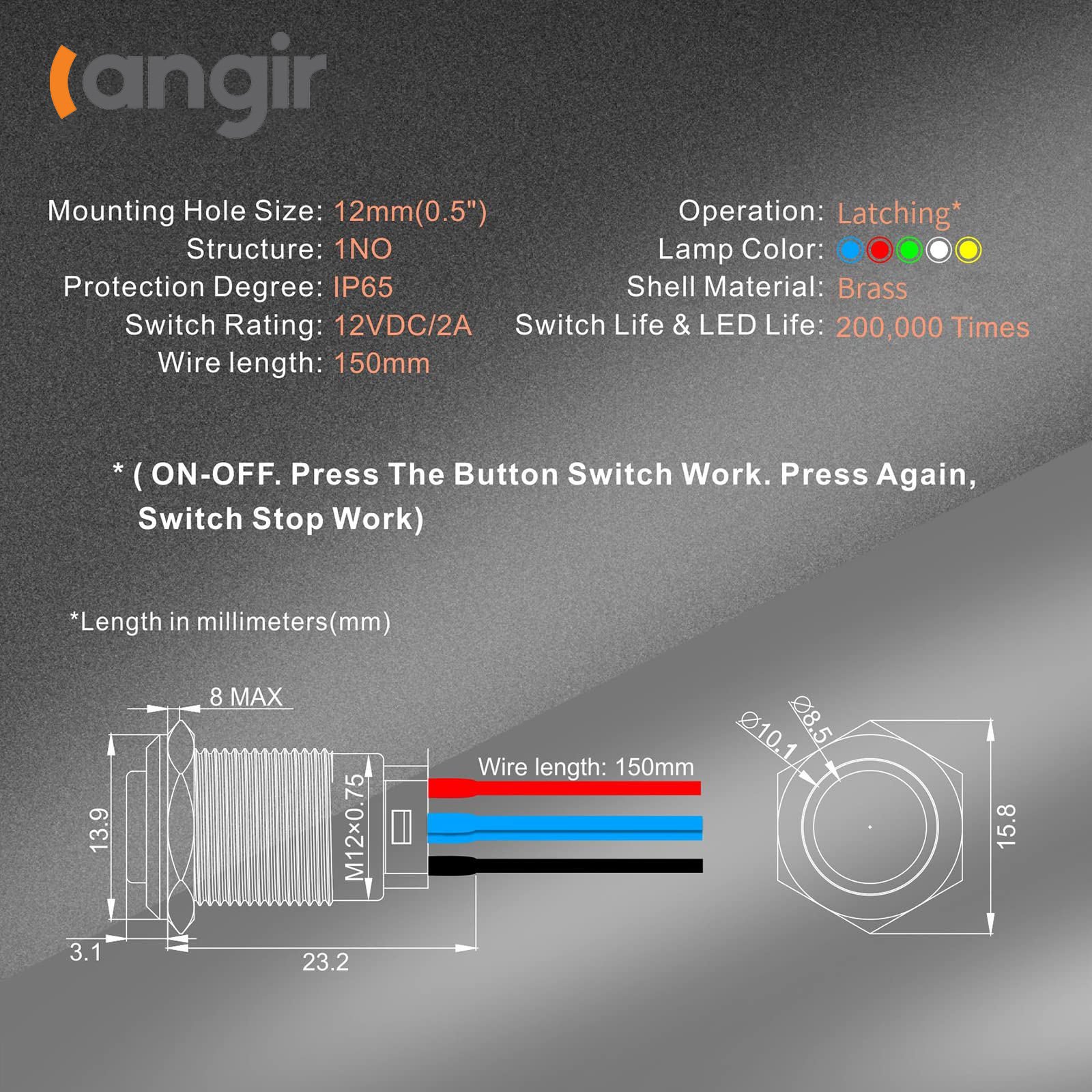 China 12mm Latching Push Button High Round Head Stainless Steel 1 Normally Open with Ring Led Push Button Electrical Switches - slika 4