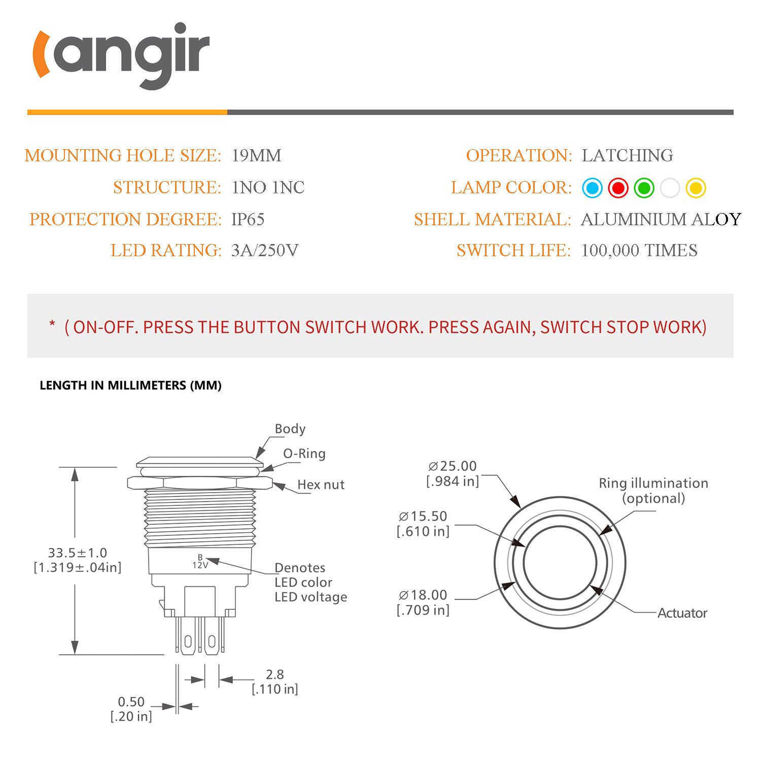 Langir 19mm Push Button Switch Latching Metal Push-Button Switches LED Color Metal Switch 12V - Зображення 4