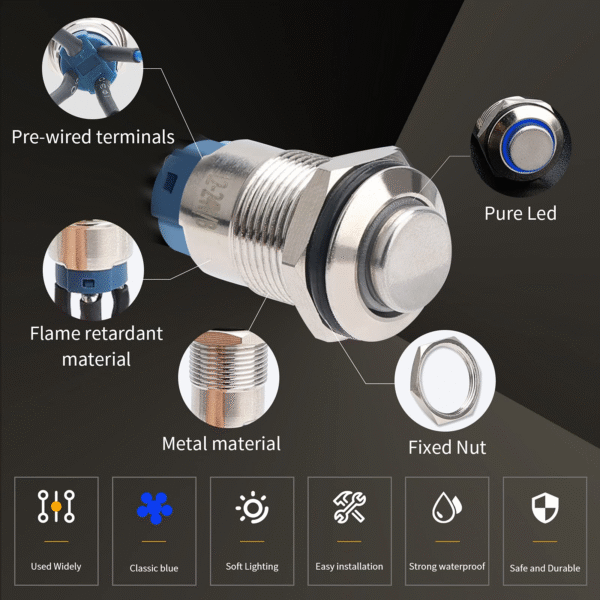 12mm Latching Led Push Button Silver Shell with Pre-Wiring, IP65 Waterproof 1NO 1 Normally Self-Locking Push Button Switch - 画像 (4)