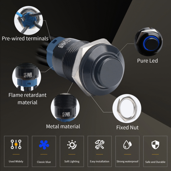 12mm Latching Metal Momentary Switch Black Shell IP65 Waterproof Push Button Switch,1NO 1 Normally,Self-Locking with LED - 画像 (4)