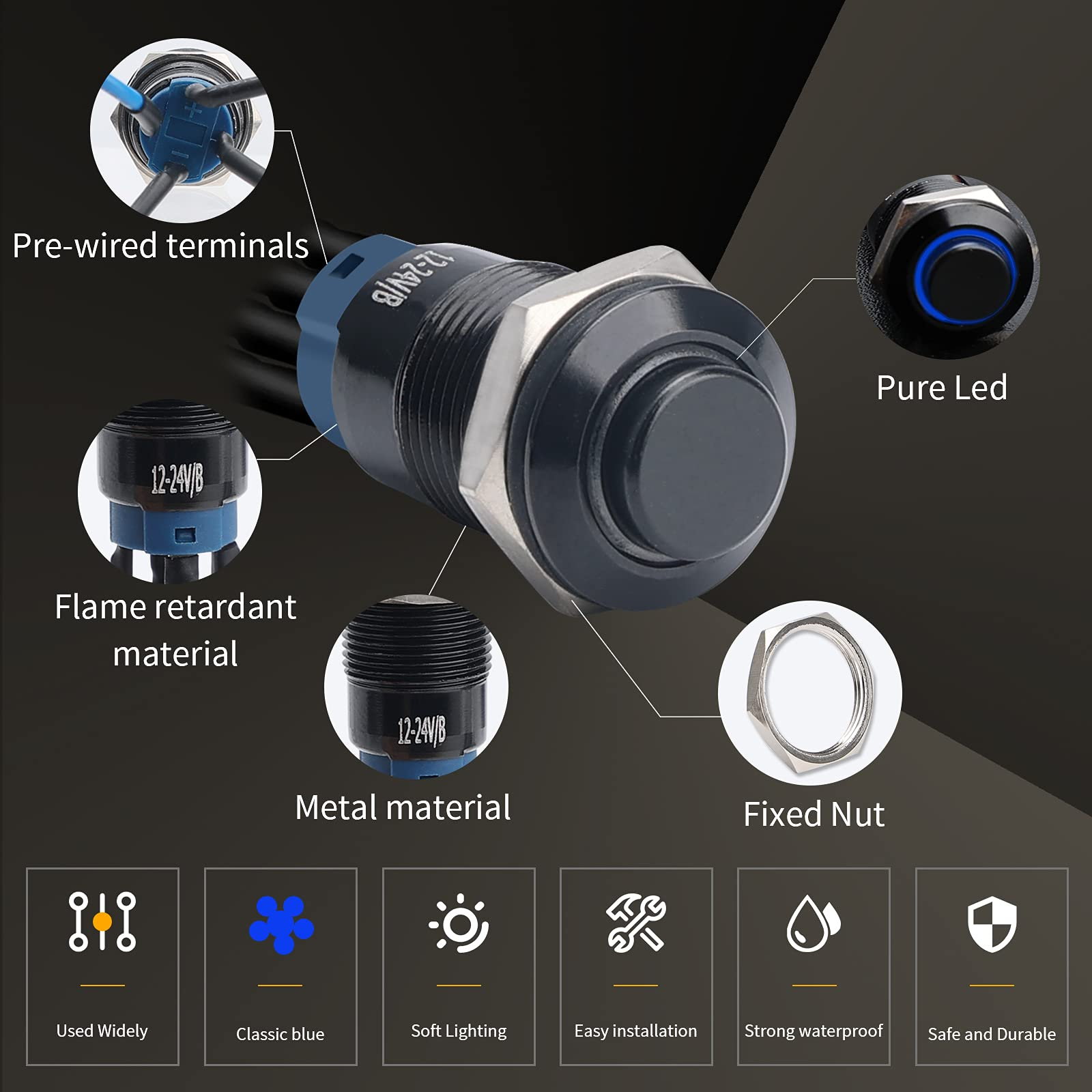 Customized logo Symbol 16mm 19mm 22mm Illuminated Led Metal 12v Push Button Switch Waterproof Stainless Steel Switches 6V – Image 4