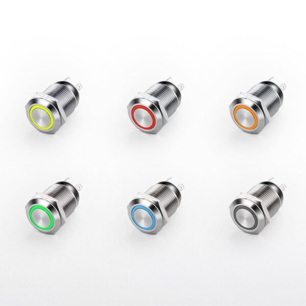12mm Latching LED Push Button Silver Shell Pre-Wiring IP65 Waterproof 1NO 1 Normally Self-Locking Switch for 12V Max. Voltage - 画像 (5)