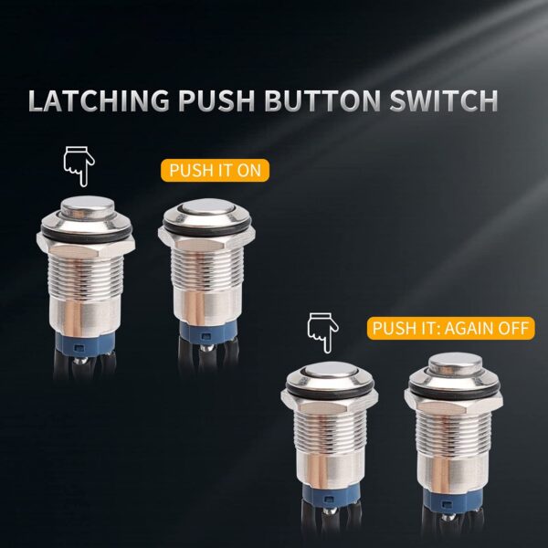 12mm Latching Led Push Button Silver Shell with Pre-Wiring, IP65 Waterproof 1NO 1 Normally Self-Locking Push Button Switch - 画像 (5)