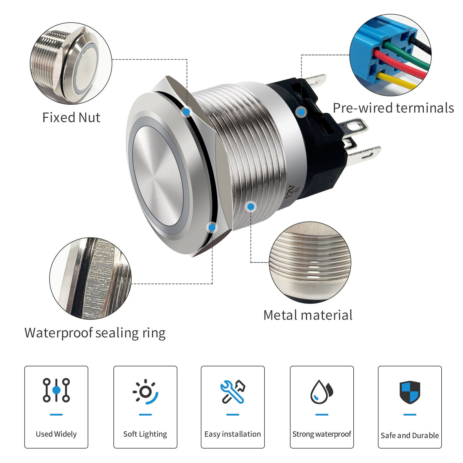 Langir 19mm Push Button Switch Latching Metal Push-Button Switches LED Color Metal Switch 12V - Зображення 5