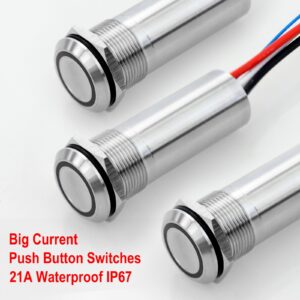 Langir 21A High Current Push Button Switch Kit Waterproof IP67 with LED Backlit Stainless Steel 10mm Momentary Switch LED