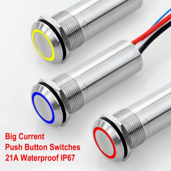 Langir 19mm Stainless Steel 21A High Current Push Button Switch Waterproof IP67 LED Illuminated 18A 20A on Off Latching Switch - imagine 2